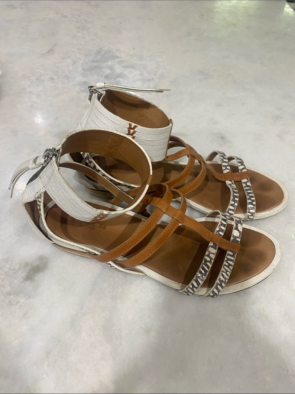 Coach White and Brown Strappy Ankle-Zip Gladiator Sandals